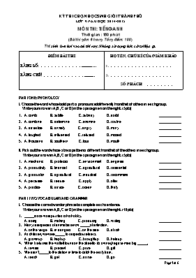 Đề thi chọn học sinh giỏi cấp Thành phố môn Tiếng Anh Lớp 9 - Năm học 2014-2015 (Có đáp án)